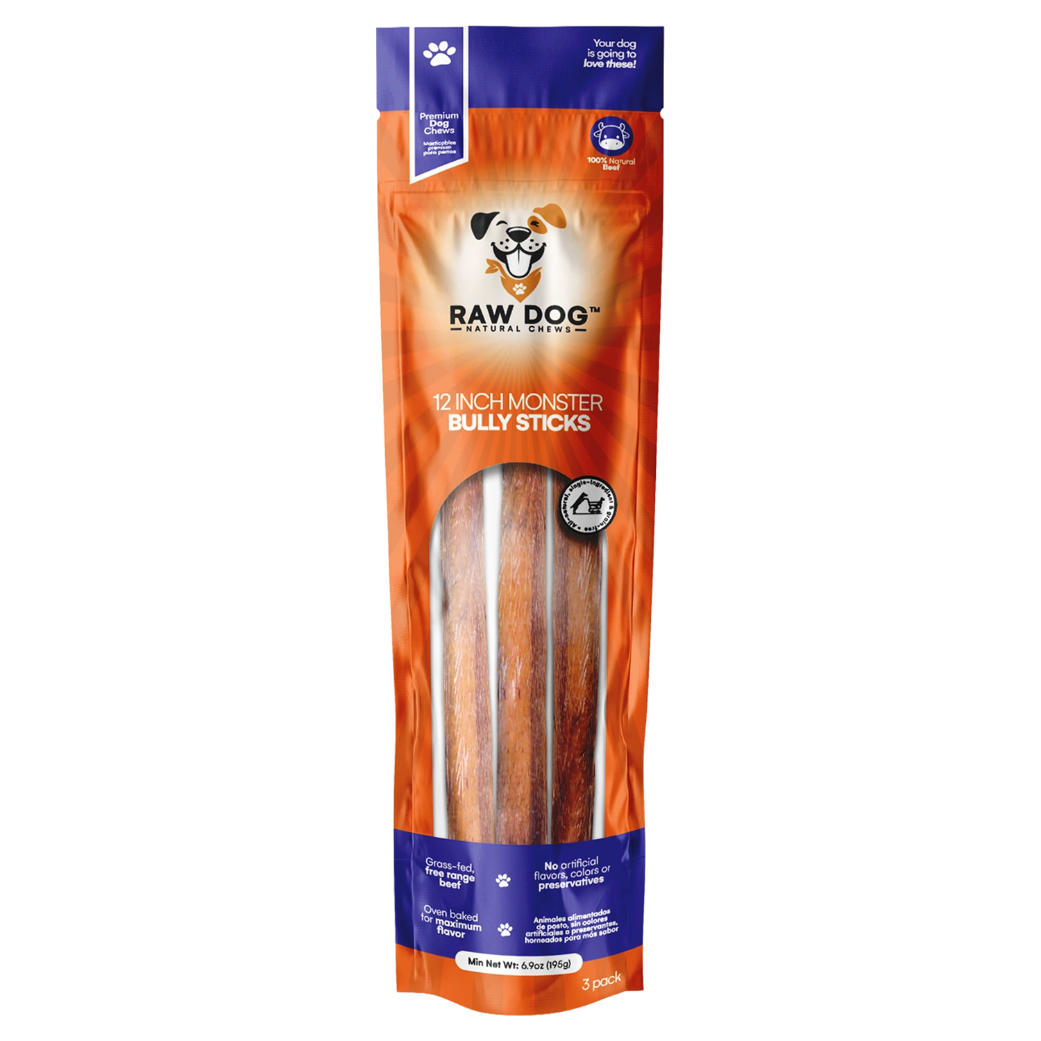 Raw Dog Chews 3 pack 12" Monster Low Odor Bully Sticks