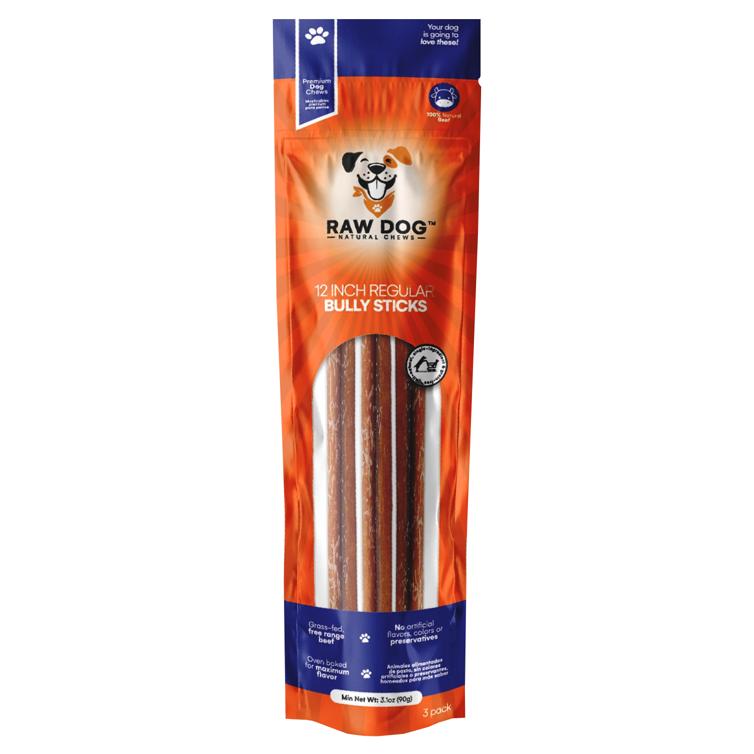 Raw Dog Chews 3 pack 12" Regular Low Odor Bully Sticks