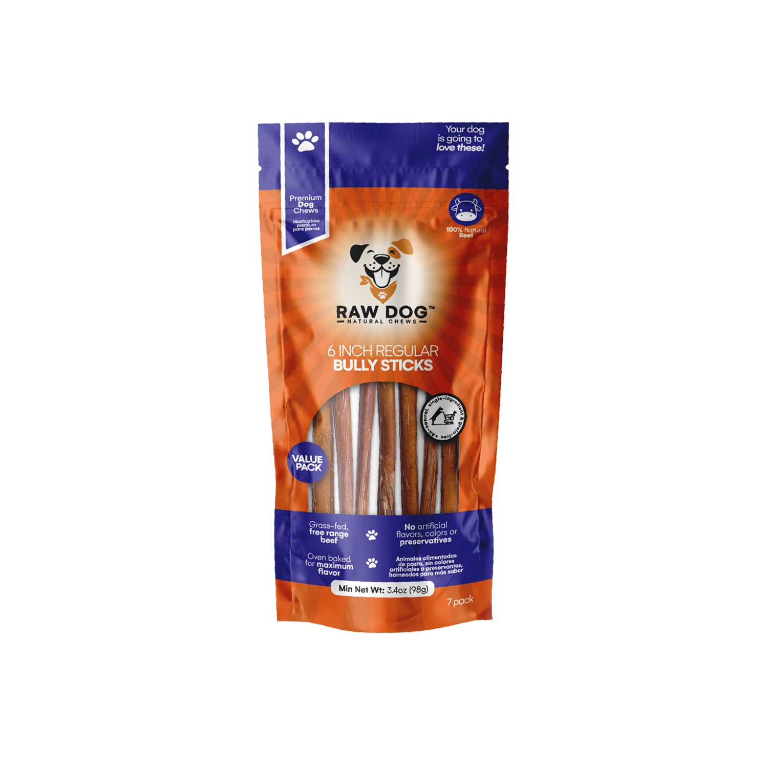 Raw Dog Chews 7 pack 6" Regular Low Odor Bully Sticks