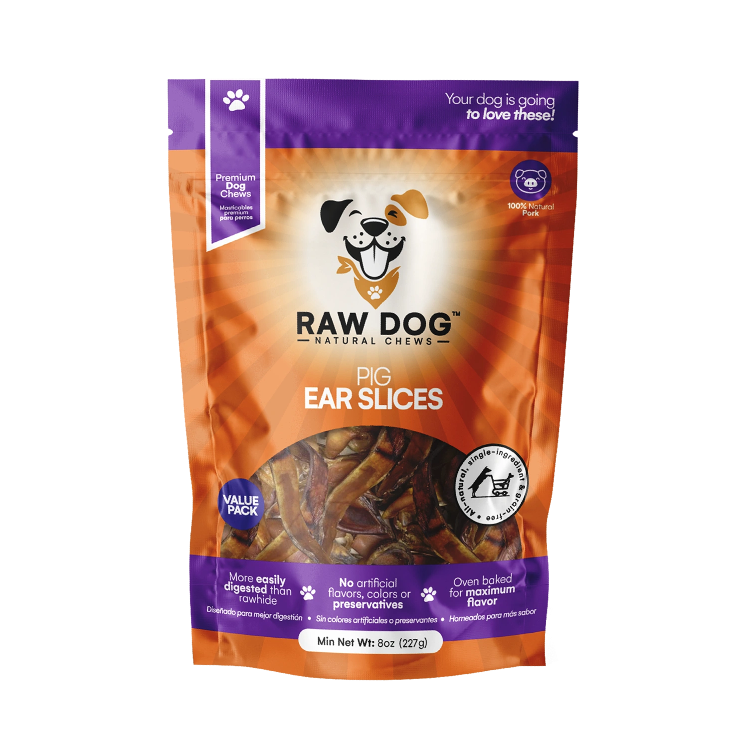 Raw Dog Chews 8oz bag Pig Ear Slices